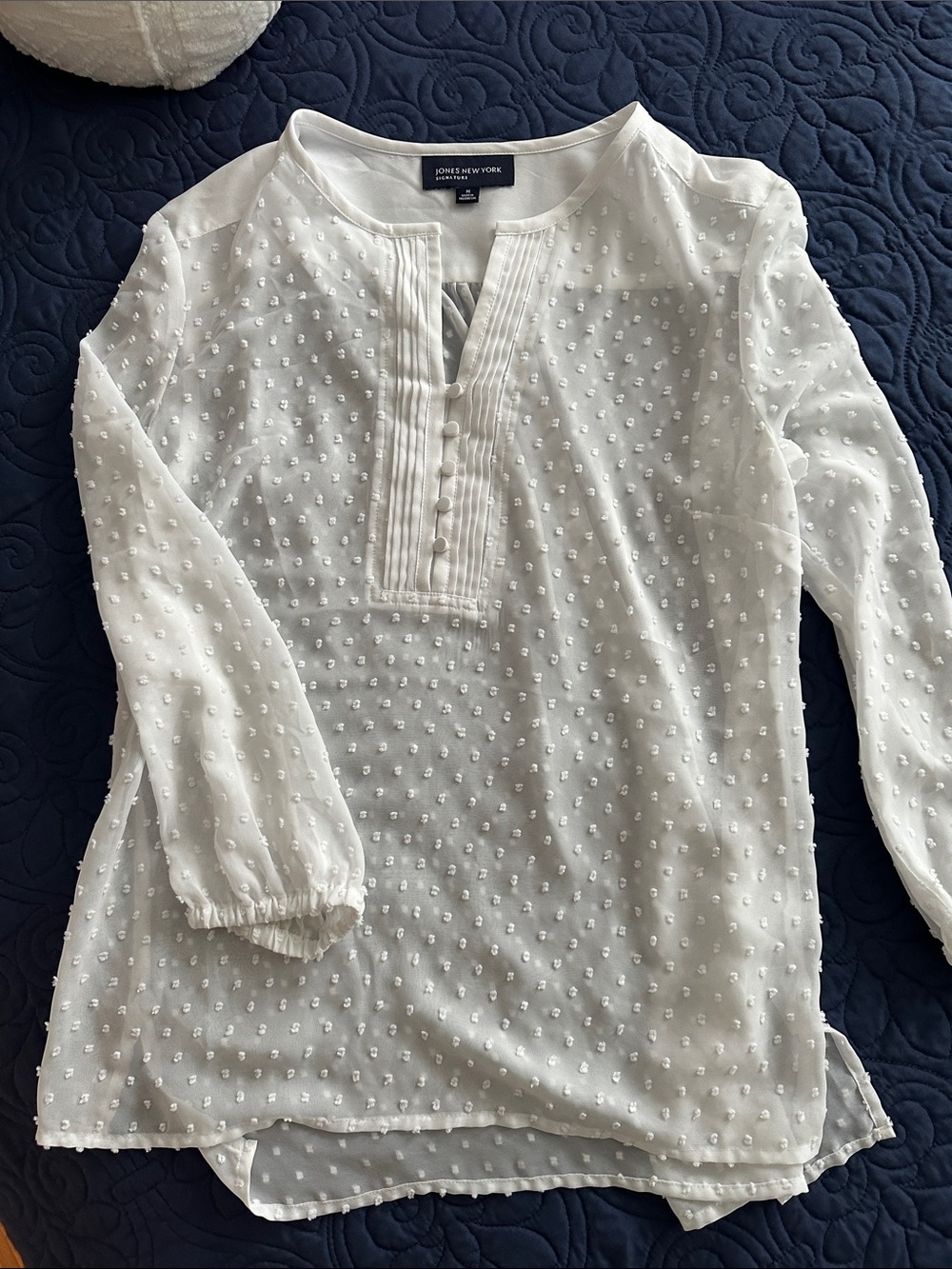 Jones New York White Swiss Dot Pintuck Peasant Blouse